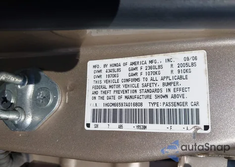 2007 Honda Accord 3.0 Ex z USA, uszkodzony, nr VIN 1HGCM66597A016808